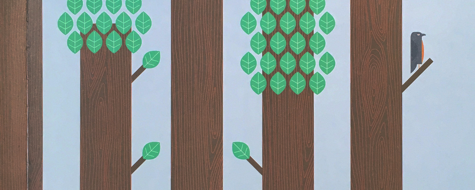 Illustration showing several trees and a bird